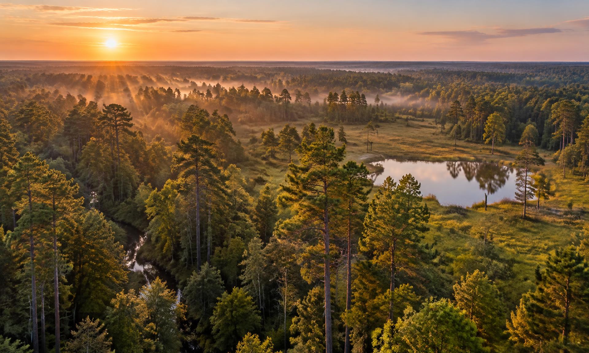 Aerial view at golden hour over rural Greensburg, Louisiana — flat longleaf and loblolly pine forest with a quiet meadow clearing, a still pond, and a winding creek