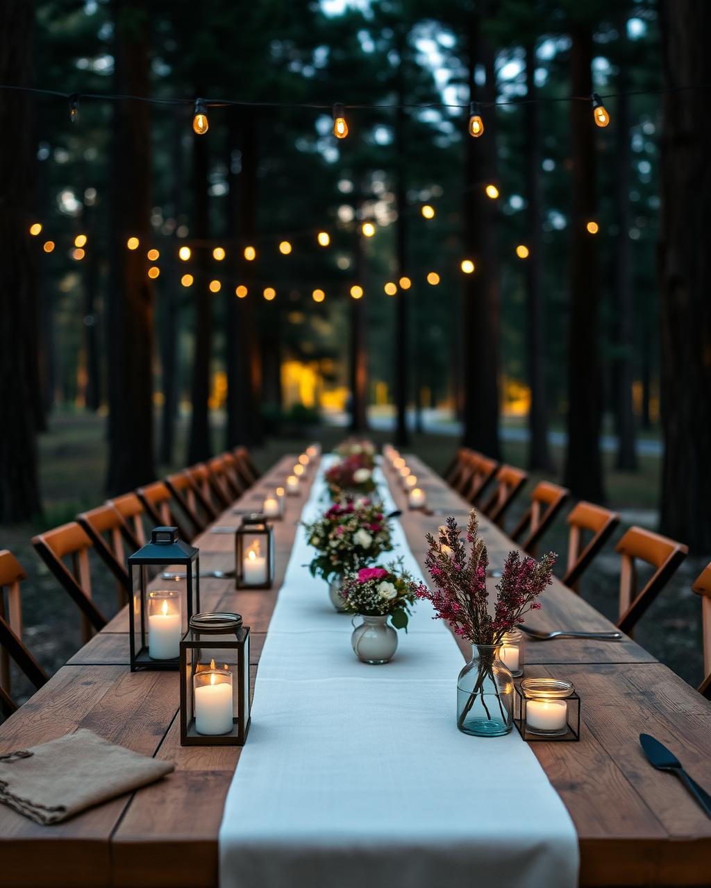 A long wooden dinner table set with candles, lanterns, and wildflowers beneath string lights in the forest at dusk