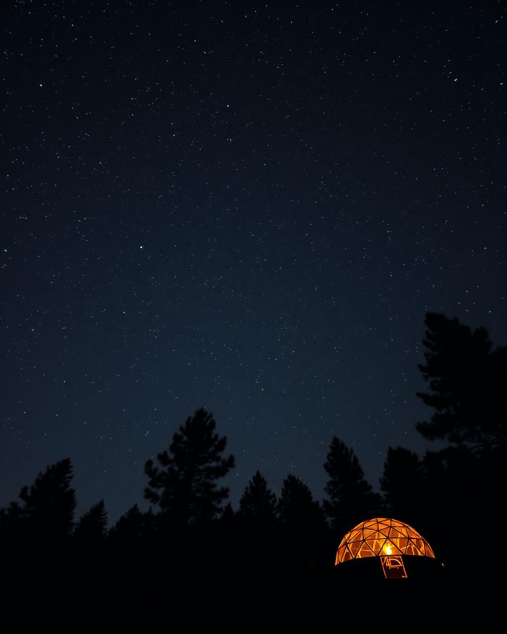 A star-filled night sky above silhouetted pines, with a geodesic dome glowing softly warm in the distance