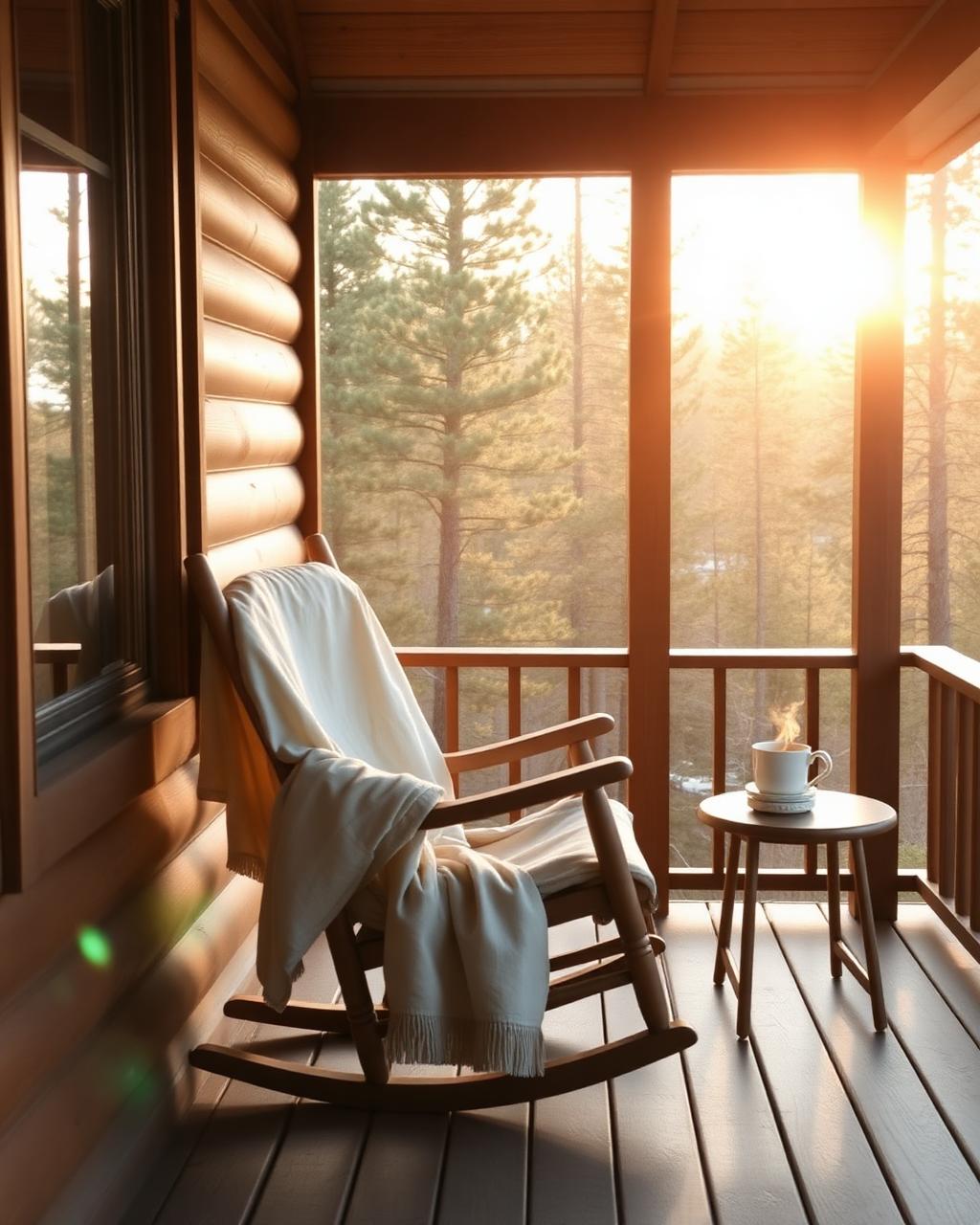 A wooden rocking chair with a soft cream throw on a cabin porch, a warm cup of tea beside it, overlooking a sunlit pine forest