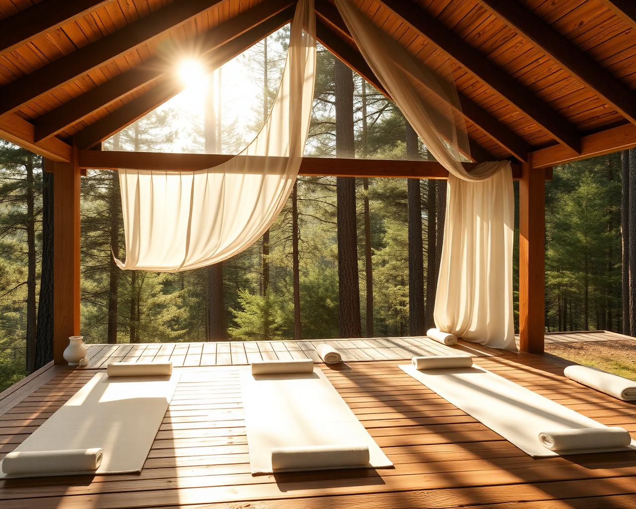 Morning light pouring into an open-air wooden wellness pavilion, with cream yoga mats and sheer linen curtains facing the pine forest